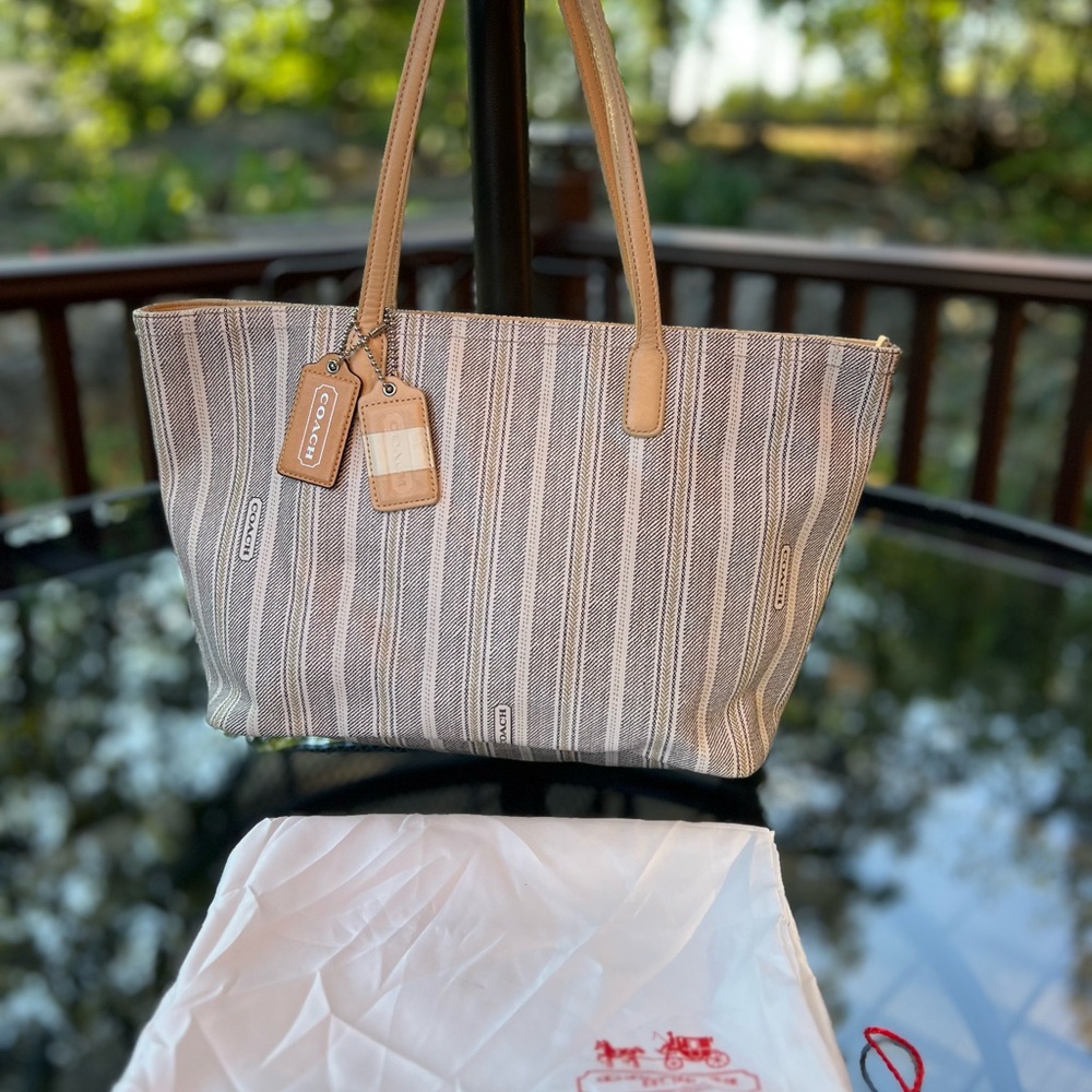 Coach Gray and Cream Striped Tote Bag